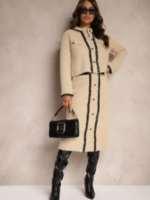 Beżowy Wiskozowy Komplet Retro z Dzianiny o Długom Włosiu Kardigan i Spódnica Sailine