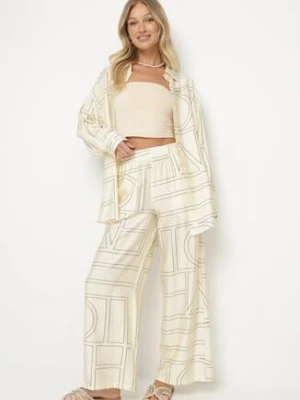 Beżowy Wiskozowy Komplet w Geometryczny Wzór Spodnie i Koszula Hanarieth