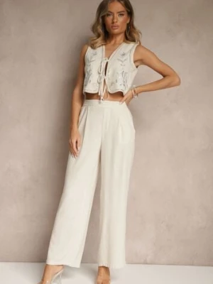 Beżowy Wiskozowy Komplet z Lnem Szerokie Spodnie i Wiązana Kamizelka Raliwena rosa