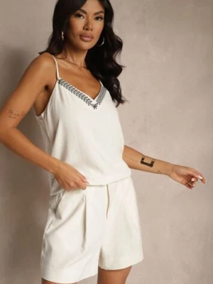 Beżowy Wiskozowy Top na Ramiączkach z Lnem Zdobiony Haftem Zireia melya by melody