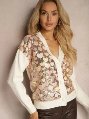 Beżowy Wzorzysty Kardigan w Serduszka z Dekoltem w Serek i Cekinami Ansilene