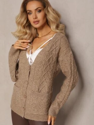 Beżowy Zapinany Kardigan z Trójkątnym Dekoltem i Warkoczykowy Splot Juessa wool fashion