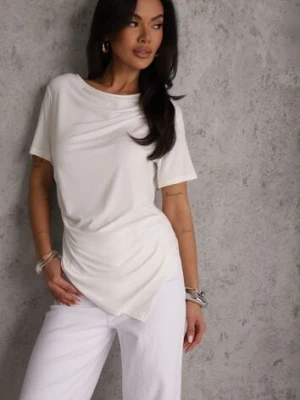 Biała Asymetryczna Bluzka z Wiskozy z Krótkim Rękawem Zdobiona Marszczeniem Undishi elsa.m by may