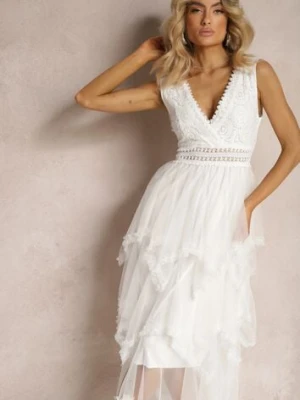 Biała Asymetryczna Sukienka Kopertowa z Wiązaniem na Plecach Driolla rosa