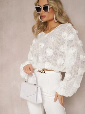 Biała Ażurowa Bluzka w Perły i Ozdobne Kwiaty Panaly elsa.m by may