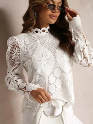 Biała Ażurowa Bluzka z Bufiastymi Rękawami i Stójką Kosalie j&x