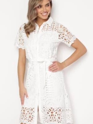 Biała Ażurowa Sukienka Koszulowa Midi z Wiązanym Paskiem Pamy