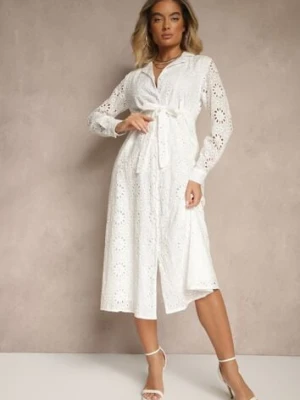 Biała Ażurowa Sukienka Koszulowa Ozdobiona Paskiem Tananilia unigirl