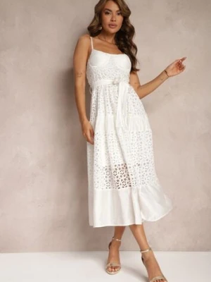 Biała Ażurowa Sukienka o Rozkloszowanym Kroju na Ramiączkach z Materiałowym Paskiem Residia elsa.m by may