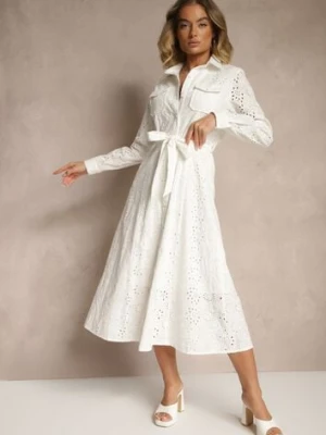Biała Ażurowa Sukienka z Bawełny Ozdobiona Paskiem Novenelle unigirl
