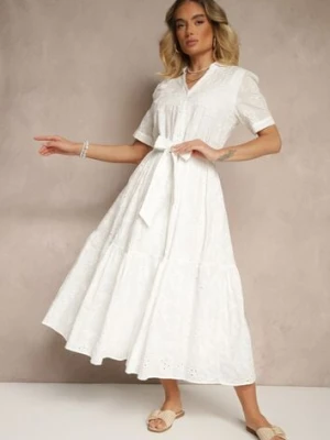 Biała Ażurowa Sukienka z Bawełny Wiązana w Pasie Koszulowa Divanira j&x