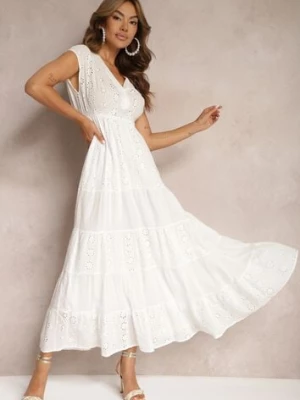 Biała Ażurowa Sukienka z Bawełny Wykończona Gumką w Talii i Guzikami przy Dekolcie Wenevia