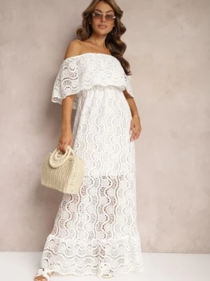 Biała Ażurowa Sukienka z Bawełny z Dekoltem Hiszpanką Wykończona Gumką w Talii Helavia