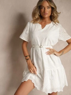 Biała Ażurowa Sukienka z Bawełny z Haftami Lumivienne j&x