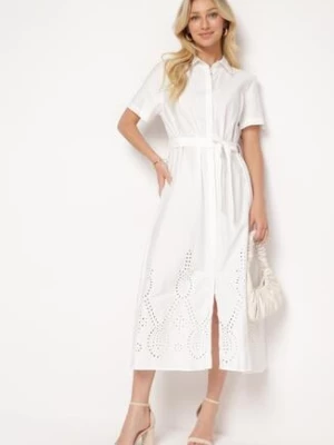 Biała Ażurowa Sukienka z Bawełny Zapinana na Guziki z Materiałowym Paskiem Dimosa