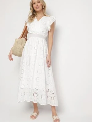 Biała Ażurowa Sukienka z Kopertowym Dekoltem i Bufiastymi Rękawami Ldivane wei wei