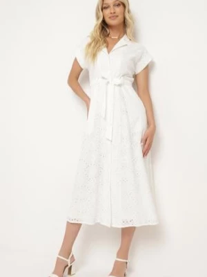 Biała Bawełniana Ażurowa Sukienka na Guziki o Koszulowym Kroju Wiązana Paskiem Grosofia unigirl