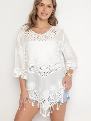 Biała Bawełniana Bluzka Oversize w Stylu Boho z Haftem i Koroną Maivienne j&x