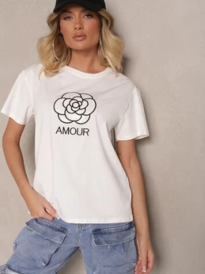 Biała Bawełniana Bluzka Ozdobiona Napisem i Haftem Nalanith defox