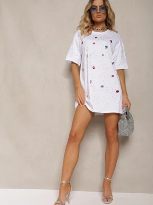 Biała Bawełniana Bluzka Prosta z Kryształkami i Cyrkoniami Leokka elsa.m by may