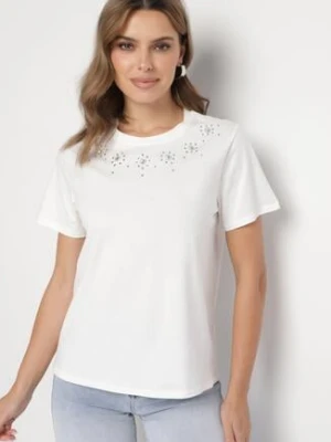 Biała Bawełniana Bluzka T-shirt Ozdobiona Cyrkoniami Marivista