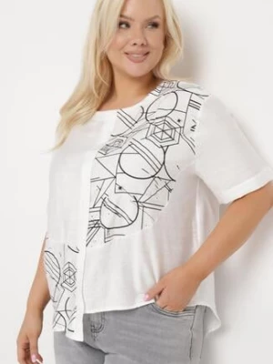 Biała Bawełniana Bluzka T-shirt z Krótkim Rękawem z Nadrukiem i Guzikami Fiomara