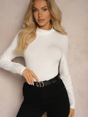 Biała Bawełniana Bluzka Typu Longsleeve z Półgolfem Riata
