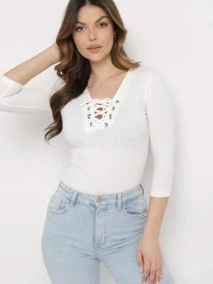 Biała Bawełniana Bluzka w Prążki z Gorsetowym Wiązaniem Przy Dekolcie Jarelis las garras