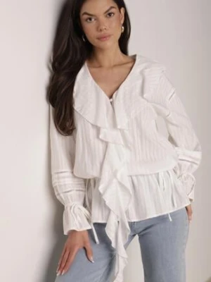 Biała Bawełniana Bluzka w Romantycznym Stylu z Falbankami i Wiązaniem Cezarina bisou's project