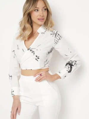 Biała Bawełniana Bluzka z Kopertowym Dekoltem z Wiązaniem i Nowoczesnym Nadrukiem Elexia miss poem