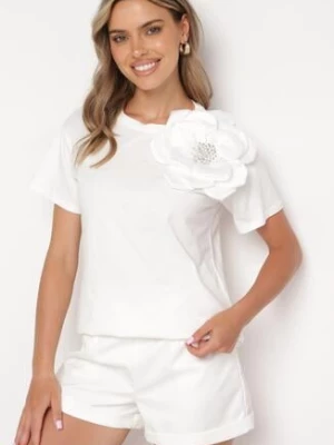 Biała Bawełniana Bluzka z Kwiatową Aplikacją i Cyrkoniami Quavia elsa.m by may