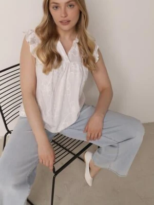 Biała Bawełniana Bluzka z Kwiatowym Haftem i Falbankami Sabrilato romee's