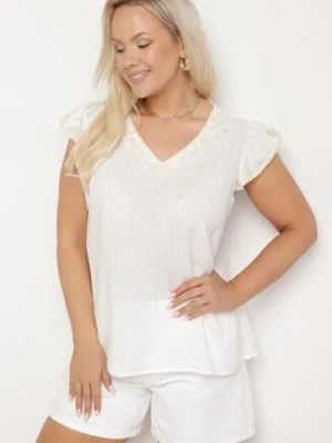Biała Bawełniana Bluzka z Ozdobnym Haftem i Falbankami Dolivra melya by melody