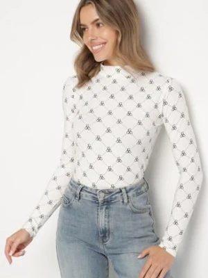 Biała Bawełniana Bluzka z Półgolfem Typu Longsleeve z Geometrycznym Wzorem Tilianna glo-story