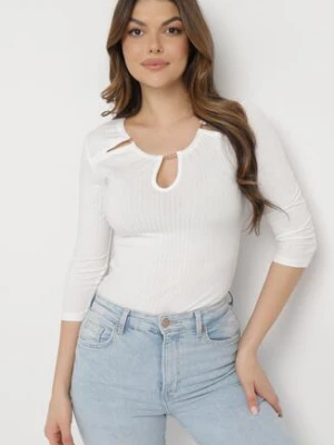 Biała Bawełniana Bluzka z Prążkowanej Dzianiny z Rękawami 3/4 i Wycięciem przy Dekolcie Xireal las garras