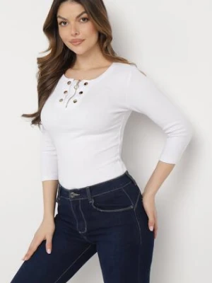 Biała Bawełniana Bluzka z Prążkowanej Dzianiny Zapinana na Suwak przy Dekolcie Hlavaria las garras