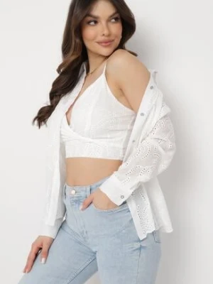 Biała Bawełniana Koszula Ażurowa z Topem na Cienkich Ramiączkach Leassen j&x