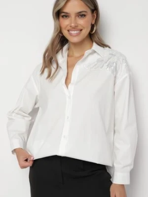 Biała Bawełniana Koszula Ozdobiona Naszywką z Perełkami i Cekinami Merisaura wei wei