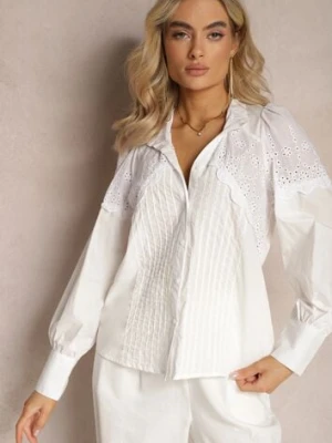 Biała Bawełniana Koszula w Stylu Retro ze Stójką Ozdobiona Ażurowymi Wstawkami Hesllema bisou's project