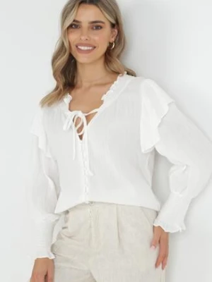Biała Bawełniana Koszula z Falbankami i Wiązaniem przy Dekolcie Briseni retro & icone