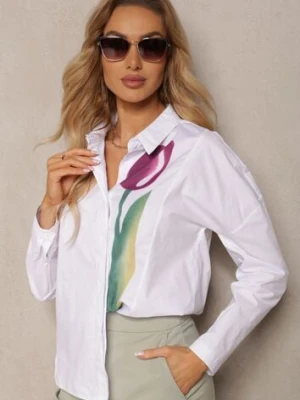 Biała Bawełniana Koszula z Printem w Kształcie Tulipana Aneida