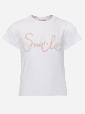 Biała Bawełniana Koszulka T-shirt z Brokatowym Napisem i Kwiatami 3D Azavia glo-story