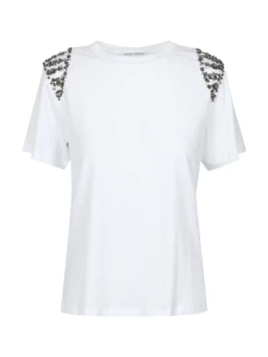Biała bawełniana koszulka z aplikacjami na ramionach Alberta Ferretti