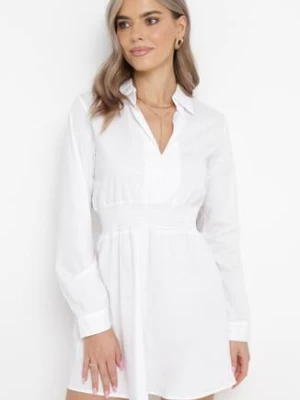 Biała Bawełniana Mini Sukienka z Gumką w Talii o Rozkloszowanym Fasonie z Kołnierzykiem Nevisse metro five