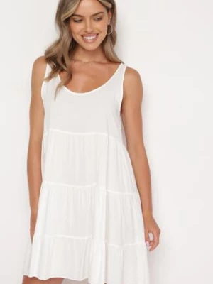 Biała Bawełniana Rozkloszowana Sukienka na Ramiączkach z Falbanami Criselles