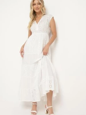 Biała Bawełniana Rozkloszowana Sukienka z Ażurowym Wzorem i Gumką w Talii Ozdobiona Guzikami Venevia