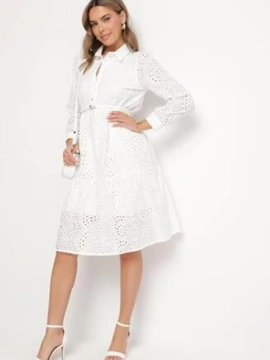 Biała Bawełniana Sukienka Ażurowa o Koszulowym Kroju Ridivania j&x