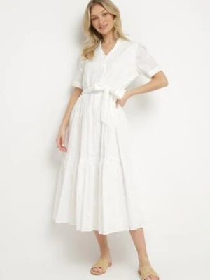 Biała Bawełniana Sukienka Ażurowa o Koszulowym Kroju z Paskiem Divione j&x