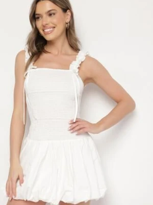Biała Bawełniana Sukienka Bombka na Ramiączkach z Elastyczną Górą Linarisena elsa.m by may