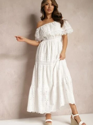 Biała Bawełniana Sukienka Hiszpanka Ażurowa Maxi z Falbankami i Koronką Telavia ambitionfly